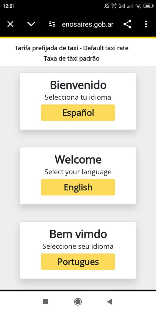 réserver un taxi à l'aéroport Aeroparque Jorge Newberry de Buenos Aires deuxième étape choisir la langue