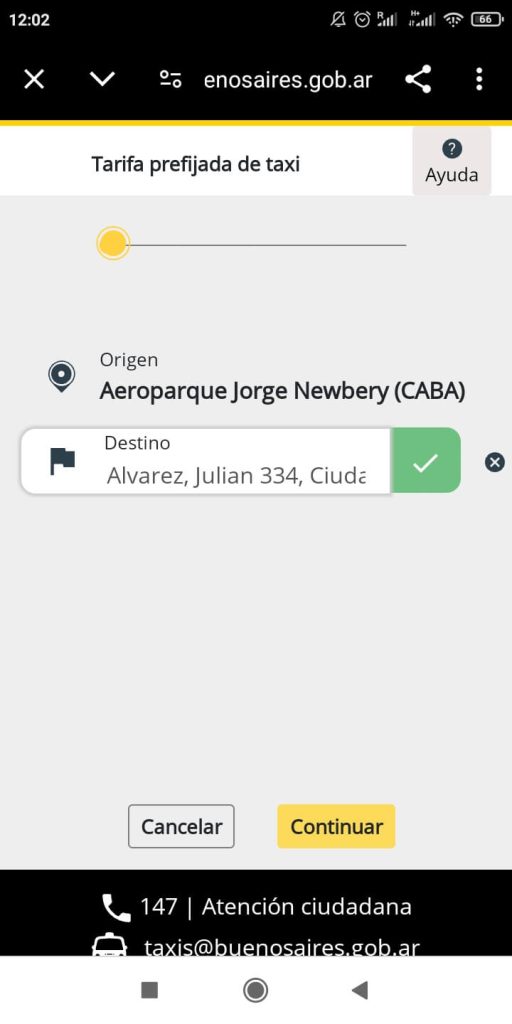 réserver un taxi à l'aéroport Aeroparque Jorge Newberry de Buenos Aires troisième étape renseigner la destination