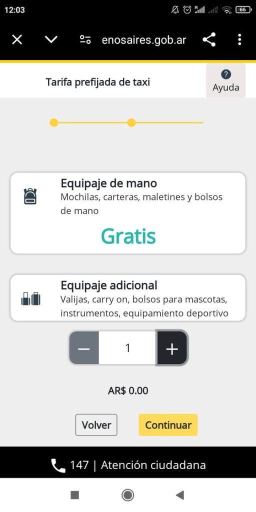 réserver un taxi à l'aéroport Aeroparque Jorge Newberry de Buenos Aires cinquième étape indiquer le nombre de bagages additionnels