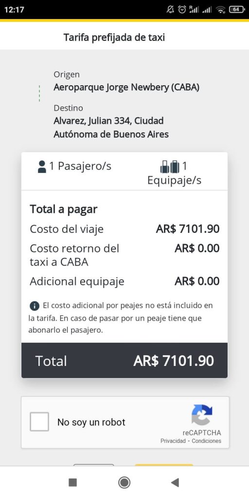 réserver un taxi à l'aéroport Aeroparque Jorge Newberry de Buenos Aires sixième étape confirmer la demande