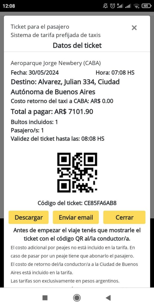 réserver un taxi à l'aéroport Aeroparque Jorge Newberry de Buenos Aires dernière étape QR code à montrer au chauffeur de taxi