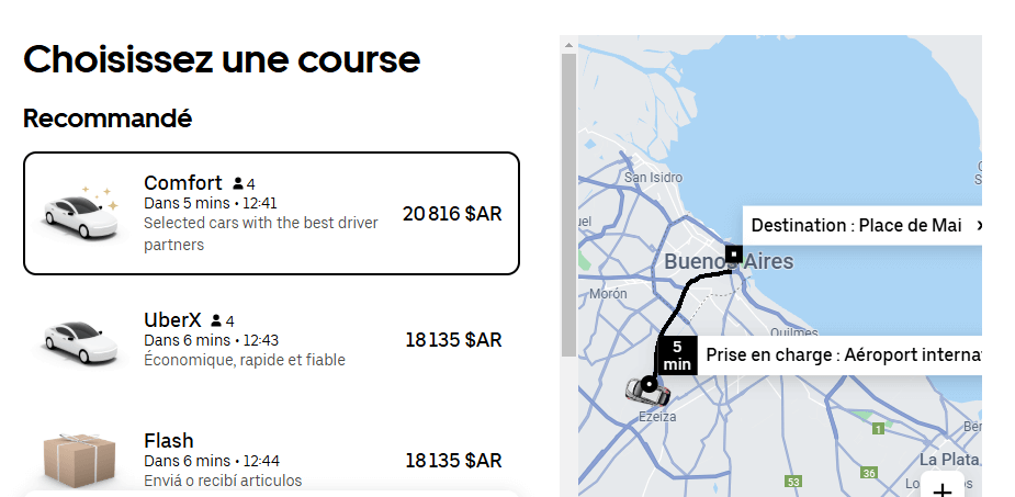Exemple de prix d'un trajet en Uber de l'Aeropuerto d'Ezeiza à la Plaza de Mayo à Buenos Aires