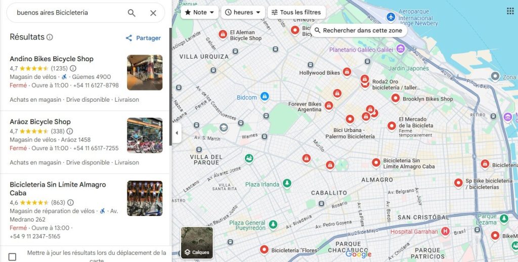 localisation des loueurs de bicyclettes à Buenos Aires selon Google Maps