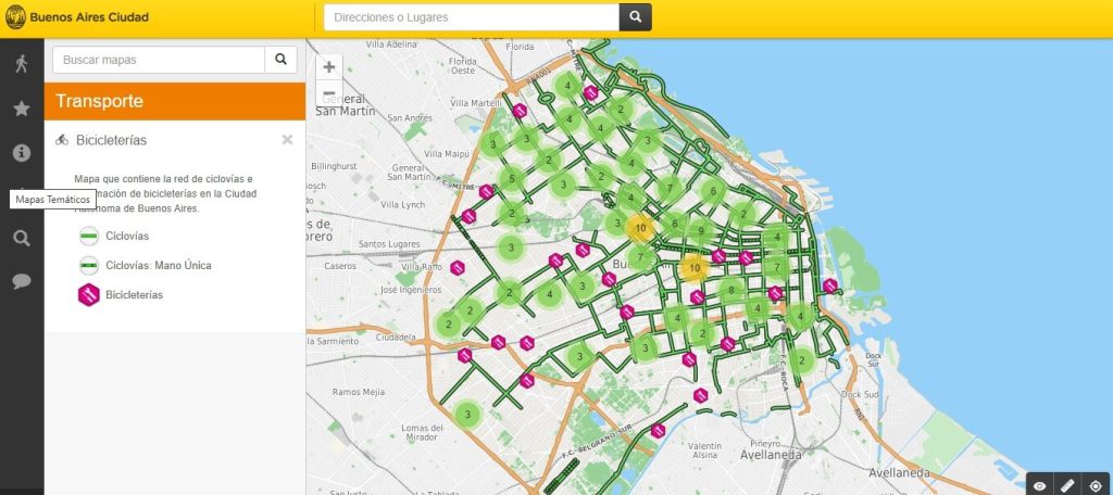 carte interactive des pistes cyclables et loueurs de bicyclette à Buenos Aires