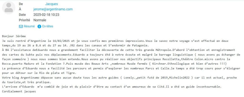 e-mail de remerciements de Jacques, touriste français accompagné pendant 6 jours par Eduardo, guide à Buenos Aires