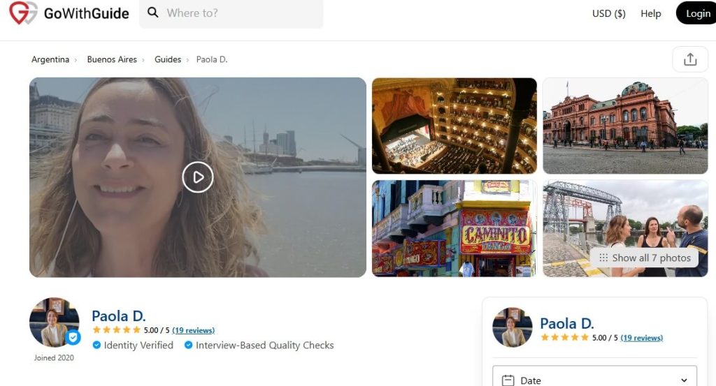 Page de présentation de Paola, guide à Buenos Aires, sur le site internet GoWithGuide