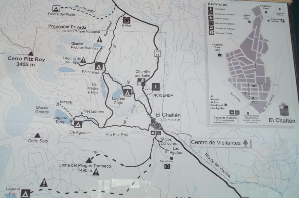 plan présentant les principaux circuits de randonnée au départ d'El Chaltén en Patagonie argentine