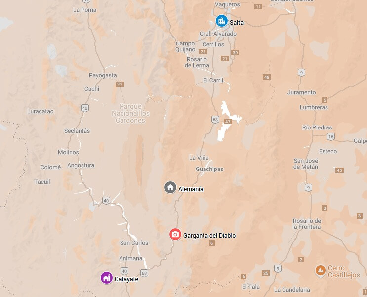 Carte indiquant la localisation relative (entre Salta et Cafayate) de la Quebrada de las Conchas en Argentine