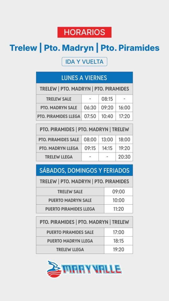 horaires des bus de la compagnie Mar Y Valle assurant les liaisons entre Trelew, Puerto Madryn et Puerto Pirámides en Argentine