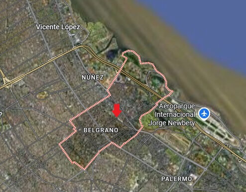 Carte indiquant la localisation du Barrio chino de Buenos Aires au centre géographique du quartier de Belgrano