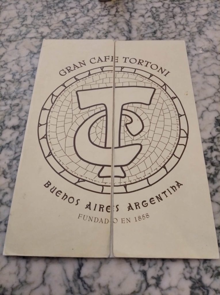 Carte des consommations du Café Tortoni à Buenos Aires
