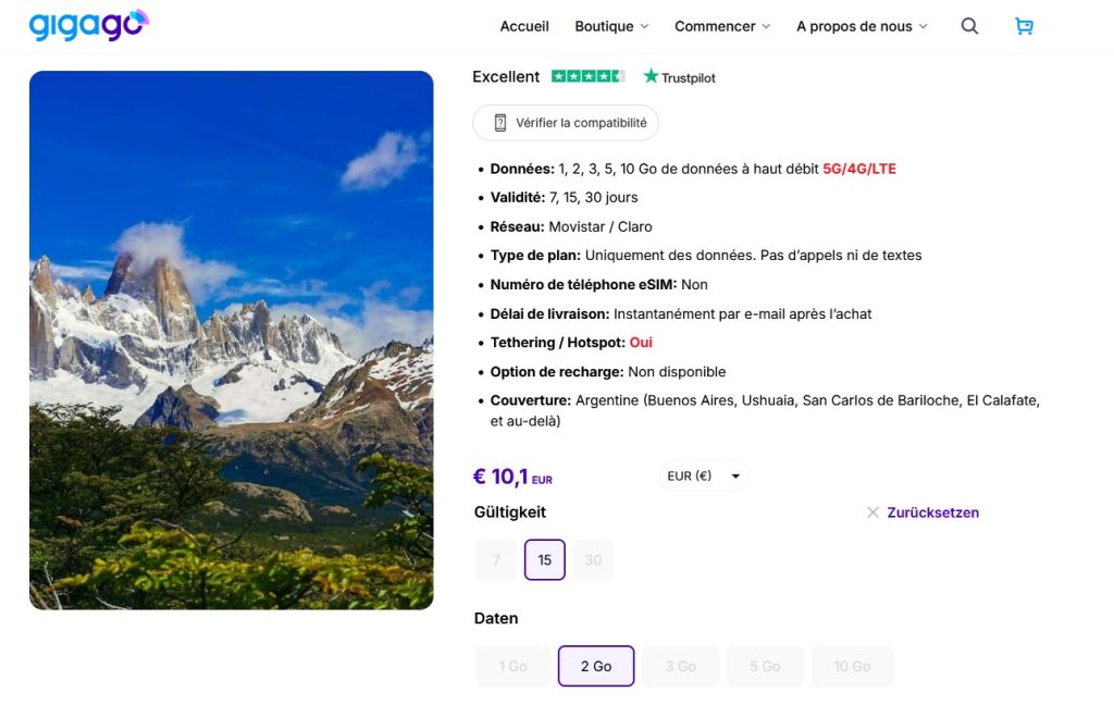 Forfait eSIM en Argentine de 2 Go valables 15 jours proposé sur le site internet de GIGAGO, opérateur eSIM