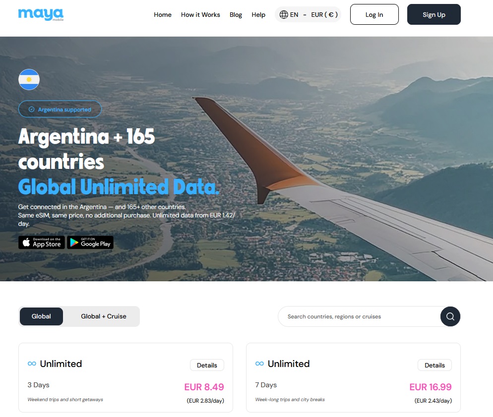 Forfaits eSIM pour l'Argentine avec Go illimités pour des durées de 3 jours ou de 7 jours proposés sur le site internet de l'opérateur Mayamobile