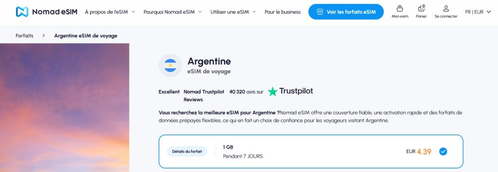 Forfait eSIM en Argentine de 1 Go valables 7 jours proposé sur le site internet de Nomad, opérateur eSIM