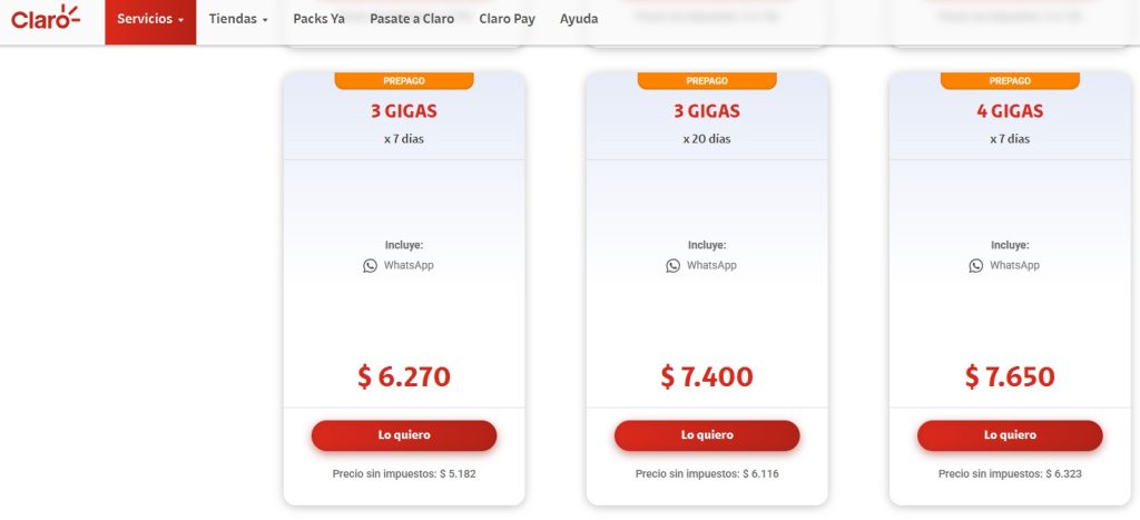 Tarifs de forfaits mobile prepago (3 gigas et 4 gigas) proposés par l’opérateur téléphonique argentin Claro en juillet 2026