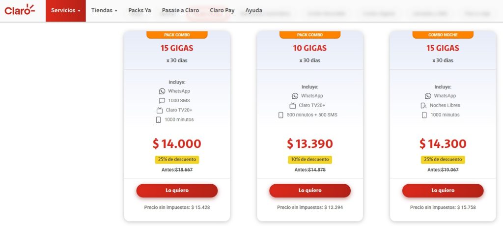 Tarifs de forfaits mobile (appels + internet) en Argentine sur le site internet de l'entreprise Claro en juillet 2026