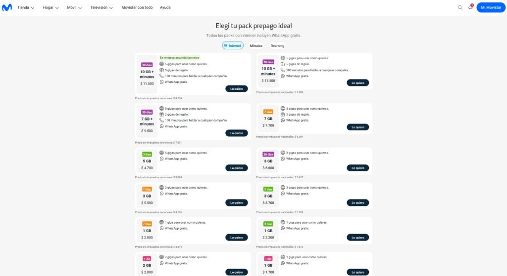 Forfaits prepago (1 giga, 3 gigas, 5 gigas, 7 gigas et 10 gigas) proposés par l’opérateur téléphonique argentin Movistar en juillet 2026