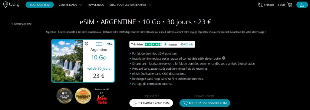 Forfait eSIM en Argentine de 10 Go valables 30 jours proposé sur le site internet d'Ubigi, opérateur eSIM