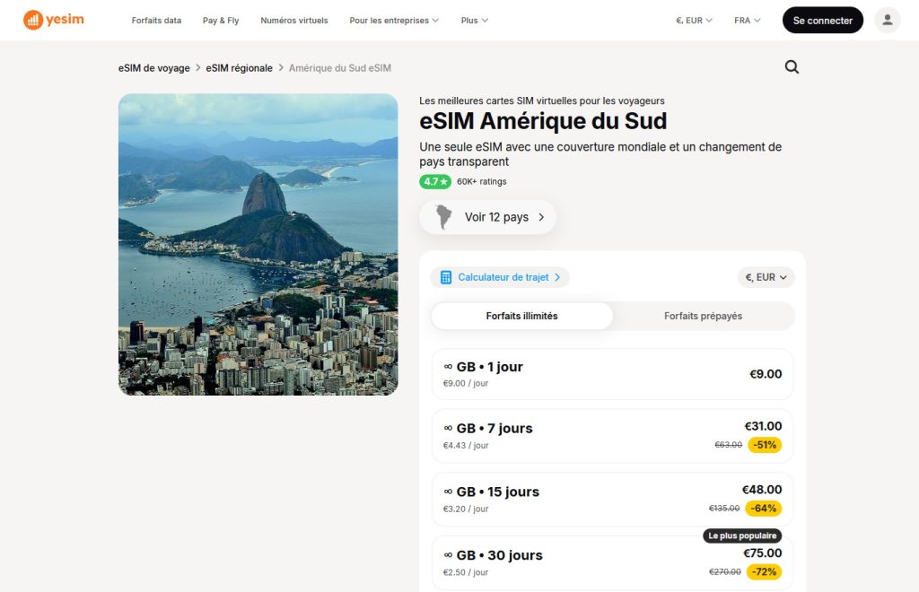 Forfaits eSIM pour l'Argentine et l'Amérique du Sud avec données illimitées proposés sur le site internet de l'opérateur Yesim